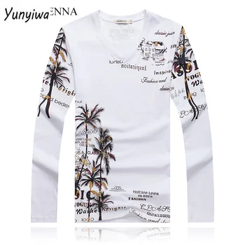 2019 Nova Moda de Coco da Ilha de T-Shirt Homens Novos Chegada V Pescoço Camiseta de Manga comprida Homens Slim Mens Casual Algodão T-shirt 5XL