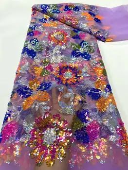 2023 Atacado de luxo de multi-coloridas, lantejoulas Africana laço bordado francês tule de malha de tecido costurado de casamento vestido de noite partes