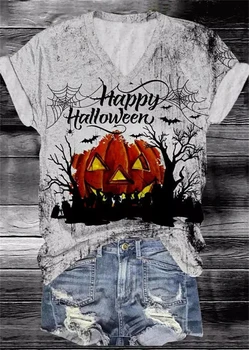 2023 Feliz Halloween Abóbora Rosto com Decote em V T-Shirt camiseta de Moda das Mulheres T-shirt Gráfico 3D Impresso Manga Curta Camiseta Roupas