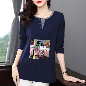 2023 Primavera, Outono, Moda de Nova Poliéster do T-Shirt Mulher O Pescoço Longo da Luva T-shirt de Mulher Estilo coreano Camisa Mulheres Camisas #1047