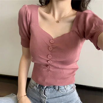2023 Verão Coreano De Malha Cor-De-Rosa Botão Tshirts Mulheres Curta T-Shirt Sexy V-Pescoço Crop Tops Das Mulheres T-Shirt Femme