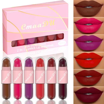 6 Cores Naturais Nude Lip Gloss Conjunto de 2-em-1 Red Velvet Matte Batom Impermeável de Longa Duração Hidratante Labial Vara Meninas de Lábios
