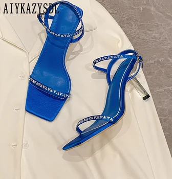 AIYKAZYSDL 2023 Banda Estreita de Cristal Azul Sandálias Med Cinta de Tornozelo, Calcanhar Sapatos Casuais Aberto Toe Bombas de Dança Vestido de Dama de Escritório Sapatos