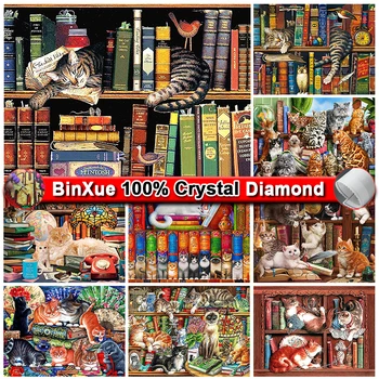 BinXue Mágico Animais 100% do Cristal de Diamante Imagem do Gato Livro de Diamante da Vara bordado fã artesanal DIY decoração presente