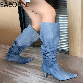 Botas de Cowboy Para as Mulheres a Moda de Deslizamento Em Longas Botas Femininas Finas de Calcanhar 2023 Outono Inverno da Menina Botas Sapatos