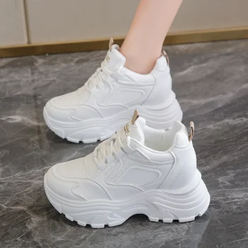 Branco Robusta Plataforma de Tênis para as Mulheres de Outono, capa de Couro Pu de Lace-Up Vulcanizar Sapatos de Mulher de Espessura Inferior antiderrapante Sapatos Casuais 2023
