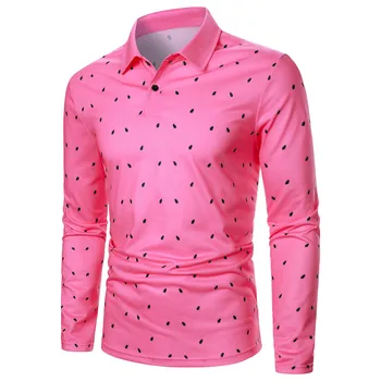 Casual Mangas compridas, Camisas Polo Botão de Lapela V-Neck Tee Homens Confortáveis Slim Tops Melancia Quente-cor-de-Rosa Tee Roupas de Verão 2023