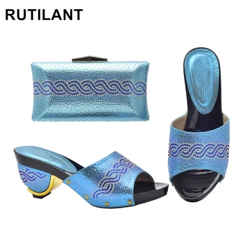 Céu Azul, Sapatos e Bolsa Conjuntos para as Mulheres italiano Senhoras Sapato e Bolsa Conjunto Decorado com Strass Sapatos de Alta Qualidade e Saco Sets1