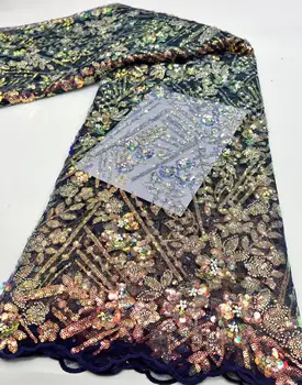 Flores em 3D Africana Laço de Tecido Colorido Paetês e Renda francesa tule Tecido do laço nupcial casamento/vestido de festa de renda 5 metros
