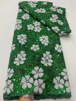 Luxo Africano Tecidos de Malha de Paetês Bordados Para as Mulheres de Costura Vestidos de Noite Verde Nigéria Design de Tecido de Renda 5Yards Roupas