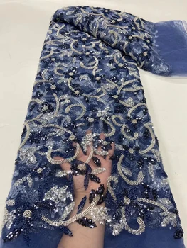 Moda francesa Bordado feito a mão Frisada Tule Tecido do Laço Africana, Nigéria Lantejoulas Tecido & Vestidos de Renda para as Mulheres 2023 J7029