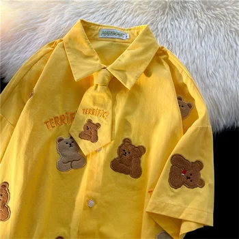 Moda Urso Bonito Camisa Amarela Streetwear Harajuku Legal Japão Bordado Casual Gótico Camiseta Engraçada Solta Camisa Polo Tops Menina