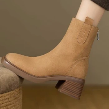 Mulheres Ankle Boots 2023 Nova Moda Outono De Volta Zíper Grosso Calcanhar Botas De Neve De Moda De Inverno Ao Ar Livre Cor Sólida Sapatos Casuais