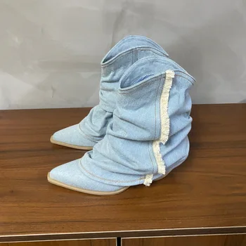 Mulheres Botas de Cowboy de Luxo Designer Botas-Mulheres Sapatos de Jeans Moda Tornozelo 2023 Med Senhoras de Borracha Pontudo Tecido Casco Saltos Basi