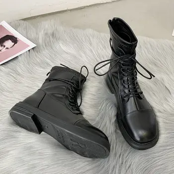 Mulheres coreanas do Tornozelo Botas Outono Inverno Vintage Gótico Designer de Sapatos Punk Britânico Estilo de Calçados de Couro Preto