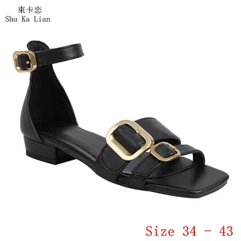 Mulheres Gladiator Sandals 2 CM de Salto Baixo Chinelos de quarto Peep Toe Ankle Wrap de Verão, Sapatos de Mulher Plus Size 34 - 43