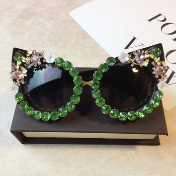 O Design da marca Artesanal de Strass, Óculos estilo Olho de Gato Moda de Óculos de Mulheres Flor com Pérola Redonda Vintage Óculos de sol de Partido de Praia
