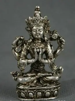 O Tibete O Budismo Miao Prata Assento 4 Braços Chenrezig Buda Avalokiteshvara Estátua