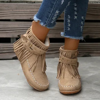 Outono Televisão Calcanhar Ankle Boots Retro Camurça Borla Mulheres Botas De Moda Do Dedo Do Pé Redondo Sola Macia Botas Curtas Casual Mulheres Sapatos De Botines