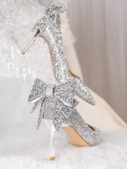Sapatos para Mulher 2023 Stilito Prata Mulheres Calçados de Verão Noiva de Sapato de Strass, Dedo Apontado Super Salto Alto Diamante 39